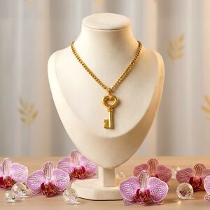 18K Gold Plated Stainless Steel Heart Key Pendant Statement Chunky Necklace